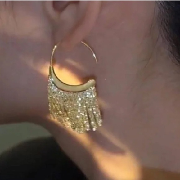 💍 FREE Tassel Fringe Chic Glam Modern Party Elegant Drop Moon Hoop Hip Earrings - Picture 2 of 3